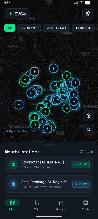 EVGo's charger map, with stations colour-coded by power and a list of nearby stations below