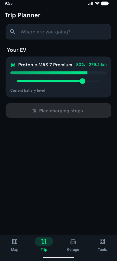 A planned trip in EVGo, showing charging stops with arrival and departure battery percentages
