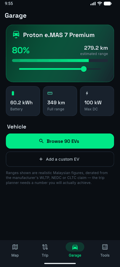The EVGo garage, showing a selected electric car with its range and battery details