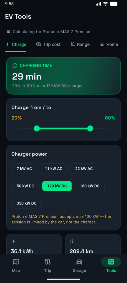 EVGo's EV tools screen, listing the charge, trip cost, range, home and efficiency calculators